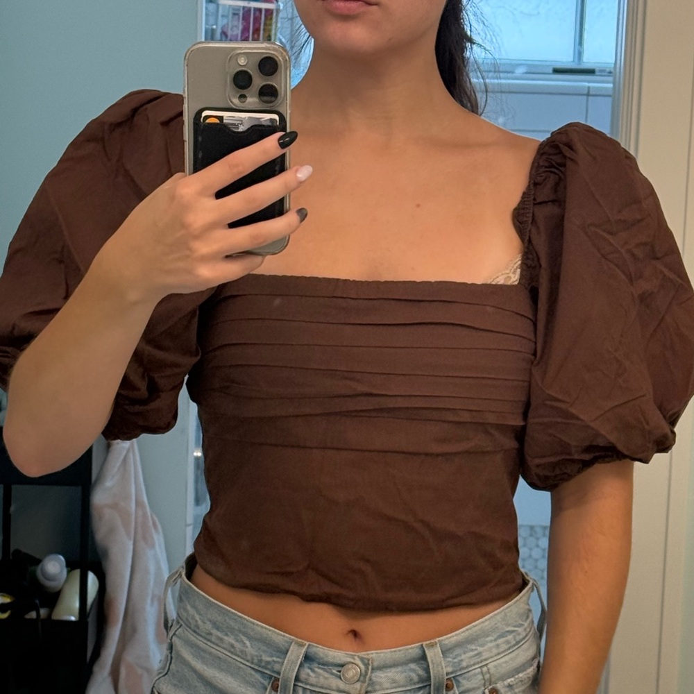 Brown Abercrombie Linen Puff Sleeve Crop Top